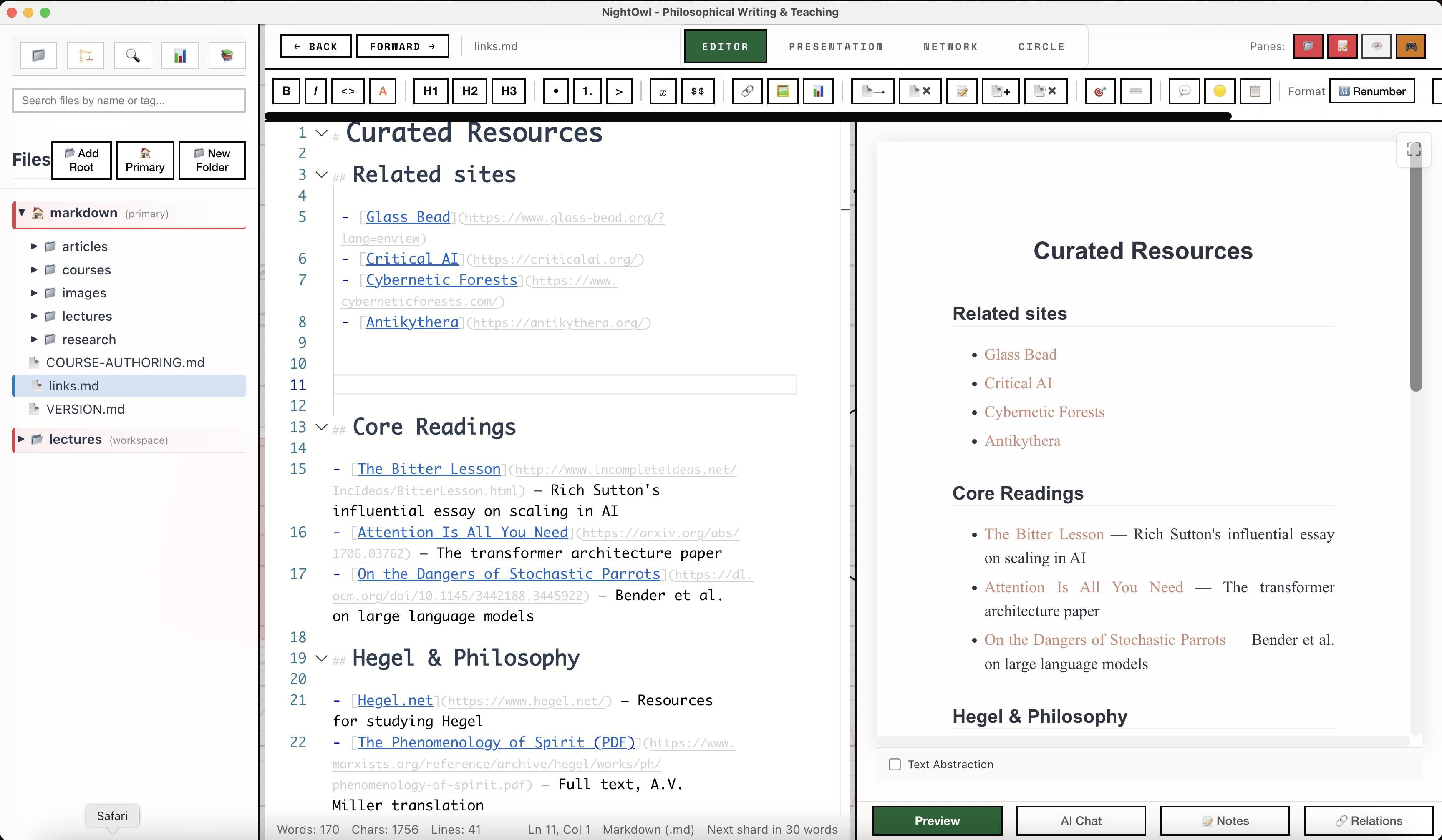 NightOwl editor showing Markdown editing with live preview
